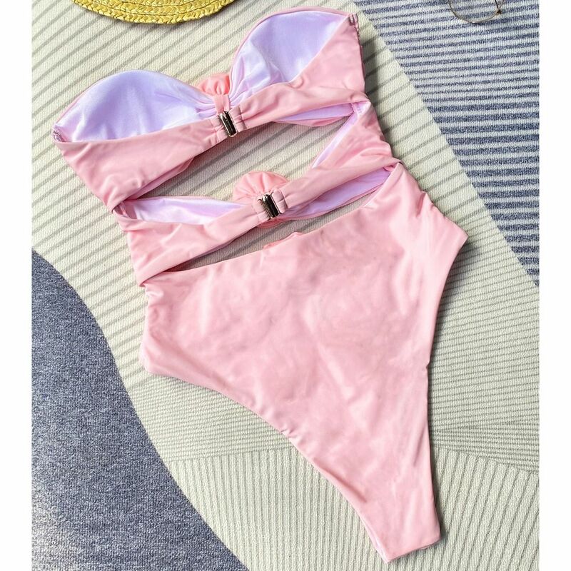 Stroje kąpielowe z wycięciem 2024, seksowny beżowy różowy czarny damski strój kąpielowy usztywniany biustonosz kostium plażowy z wysokim stanem