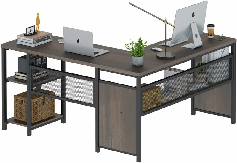 FATORRI-escritorio de ordenador en forma de L, escritorio de oficina Industrial para el hogar con estantes, escritorio de esquina Reversible de madera y Metal (marrón nogal)