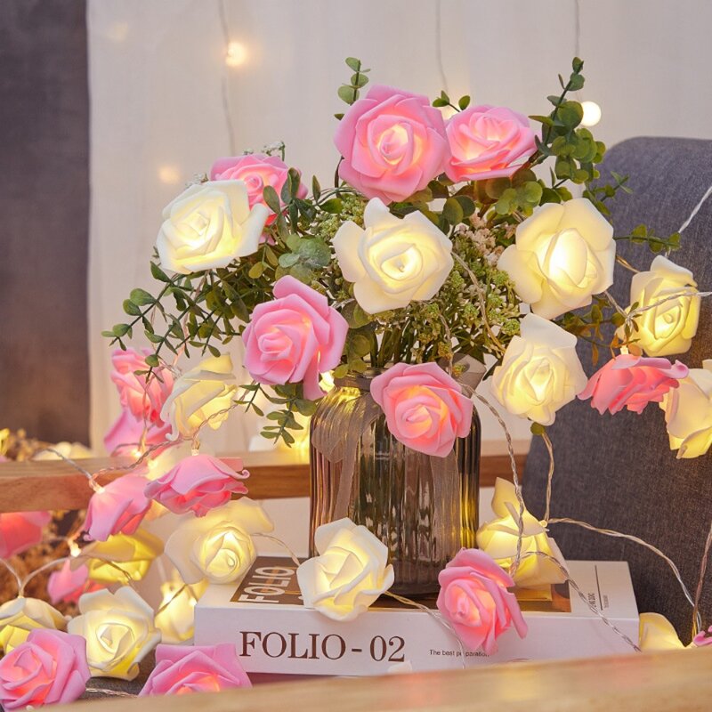 Guirxiété lumineuse de fleurs roses artificielles, à piles, USB, 10/20 lumières, décoration d'arbre, guirxiété lumineuse colorée