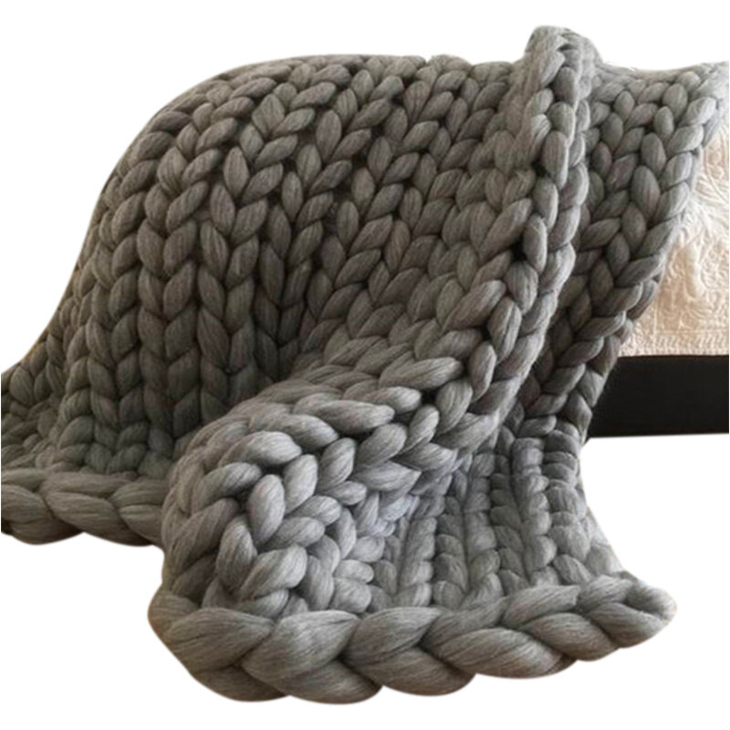 Fashion Hand Knitting Chunky Merino Wool Blanket Thick Big Yarn Roving Knitted Yarns Blanket Warm Throw Sofa Cover Blankets