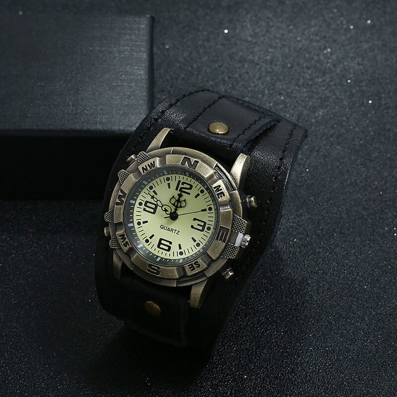 Reloj de cuarzo con correa de cuero para hombre, cronógrafo de estilo Punk Retro, con hebilla de Pin, nuevo diseño, 2024