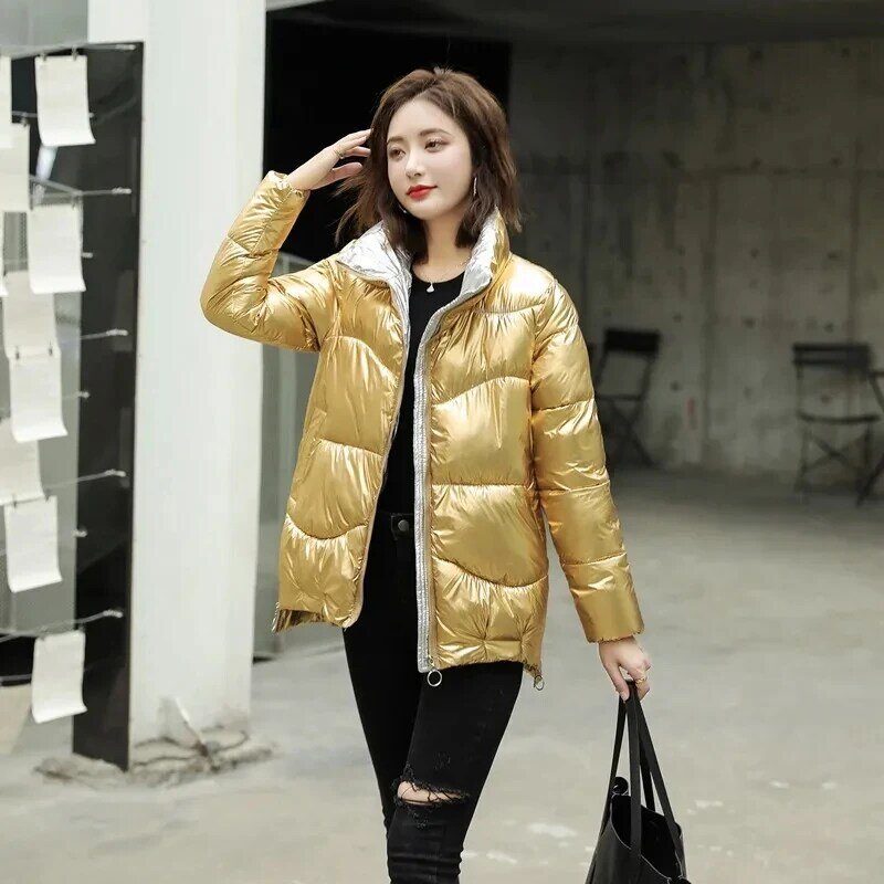 女性の冬の綿のジャケット,ルーズな韓国のコート,光沢のある,短い,厚い,綿,2023