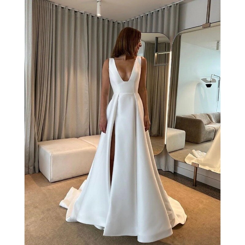 Wakuta-vestido de cetim feminino sem costas, decote em V profundo, vestido de noite, fenda alta, vestido de noiva, simples, sexy, 2024