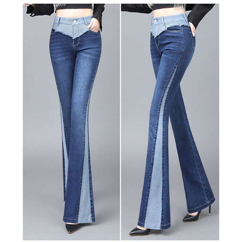 Micro-calças jeans de cintura alta de cowboy feminino, cor de contraste, fino, pendurado, outono, novo, 2024