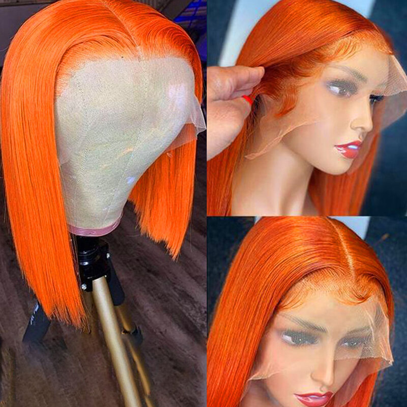 Pelucas frontales de encaje Bob corto para mujeres, pelucas de cabello humano 100%, pelucas de encaje Bob para mujeres, peluca de cierre de cabello brasileño liso, Rubio, naranja