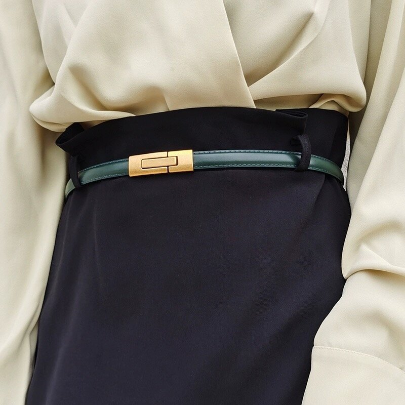 Cienki elegancki designerski pasek dla kobiet luksusowa złota klamra prawdziwej skóry dziewczęcy pasek sukienki damskie dżinsy regulowany pas