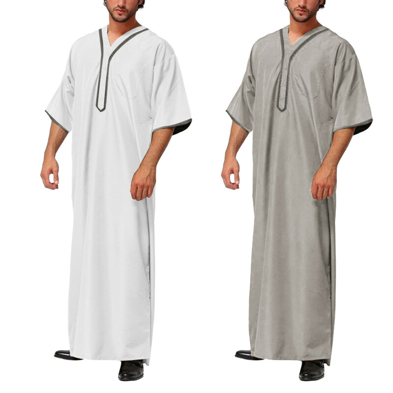 Kaftan Islami pria setengah lengan warna Solid leher V pakaian Muslim longgar kasual Pakistan Ara Dubai Jubba Thobe ukuran Plus