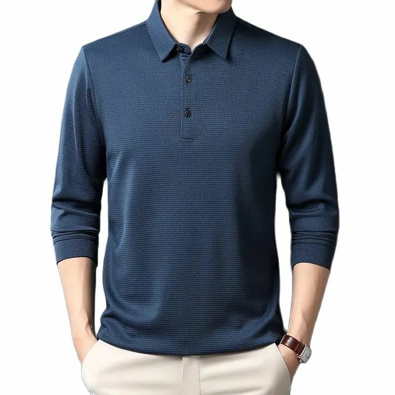 Shionfa-メンズワッフルTシャツ、長袖、カジュアルポロシャツ、着心地の良いターンダウンカラー、単色、伸縮性、レジャー、秋の服、4xl