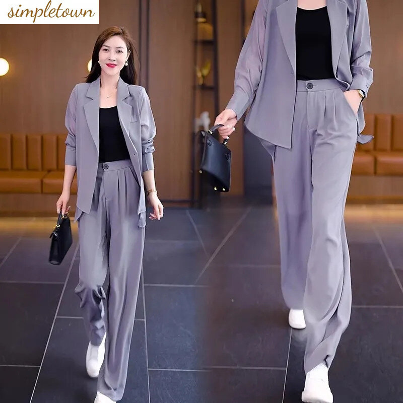 Set of Women's 2024 Spring/Summer New Fashionable Style Suit Chiffon Shirt Casual Wide Leg Pants Two Piece Set