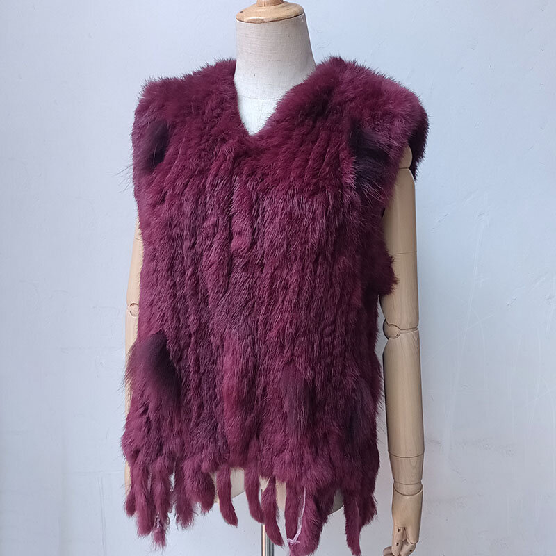 2024 New Women Burgundy Knitted Real Fur vest with tassel V-neck fluffy Genuine Fur Gilet Hot Sale Natural Rabbit Waistcoat