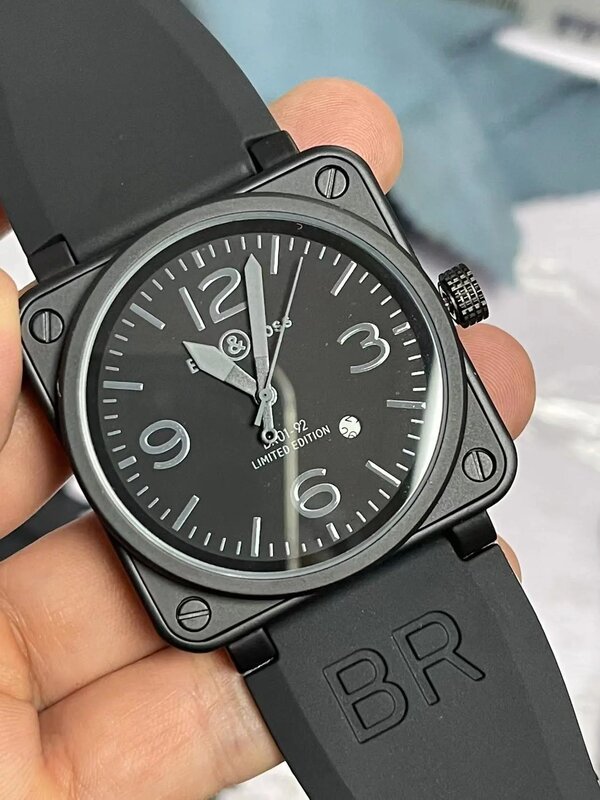 Br-男性用自動機械式時計,茶色の革,黒いゴム,46mm,aaa時計,大型時計,トップブランド