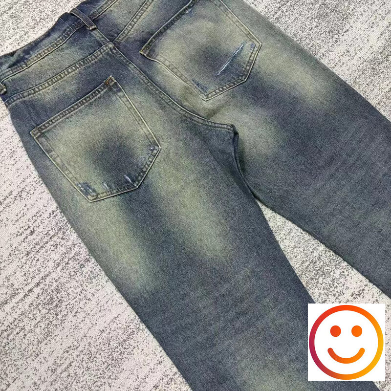 ERD Vintage Wash Cut Damaged Straight Denim Jeans Men Women High Street Pants Cowboy Trousers