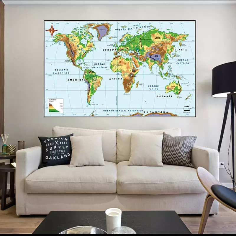 150*100cm em espanhol o mundo orográfico e elevação mapa não-tecido lona pintura da parede arte poster decoração de escritório em casa
