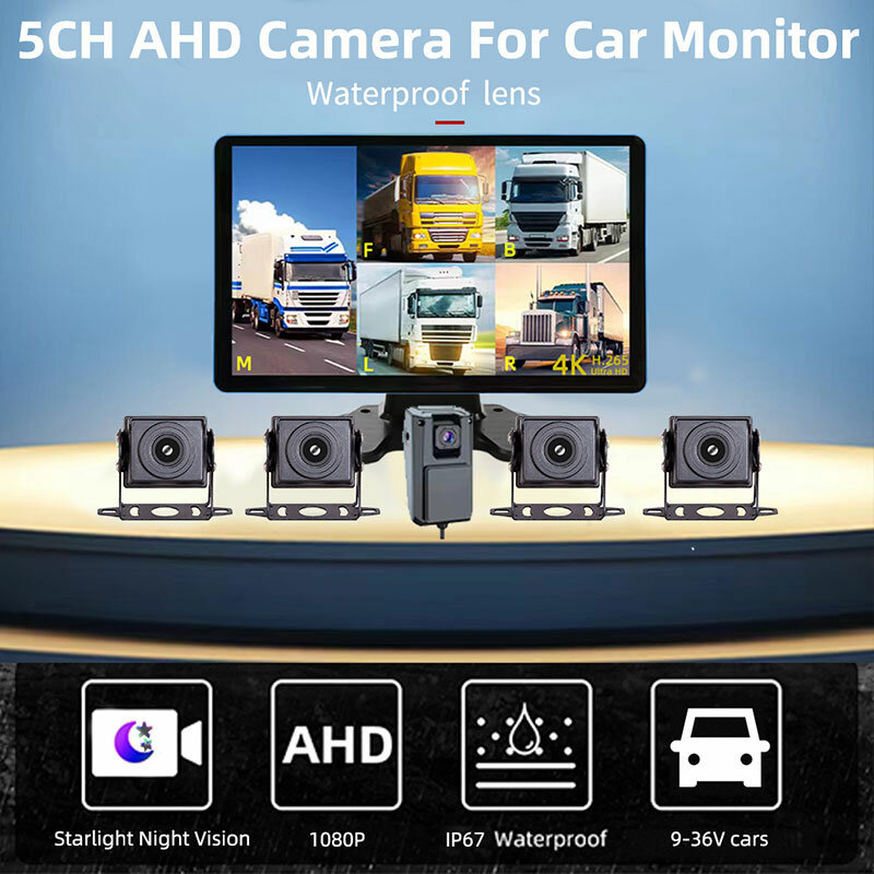 To 10.1 inch 5CH Vehicle AHD Monitor System Touch Screen for Car/Bus/Truck 1080P CCTV Cameras Color Night Vision Parking