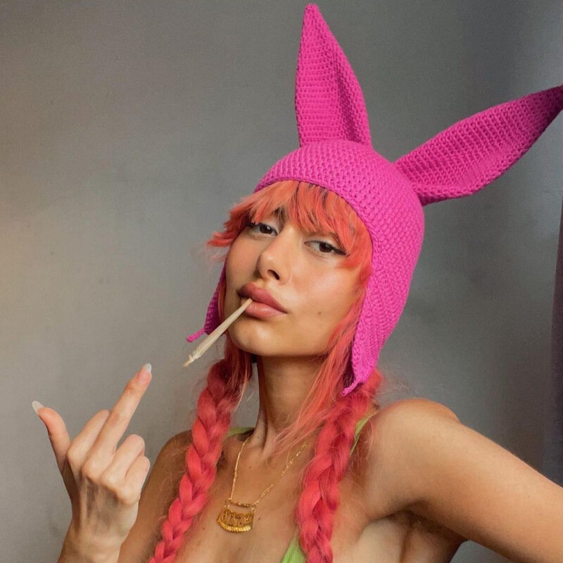 女性のためのピンクのウサギの耳が付いたニットの帽子,手作りの袖の帽子,ハロウィーンのコスプレ用,23