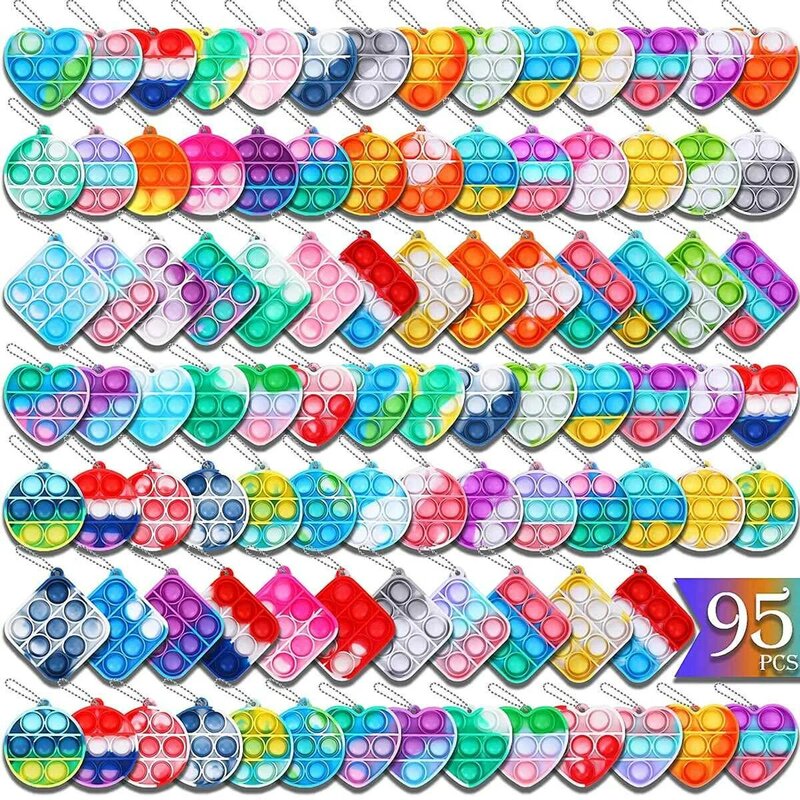 20/30/95Pcs Mini Squeeze Rainbow Stress Relief Sensory Hand Toy Popping Fidget Toy Pack Bubble Poping Keychain Squeeze Toys