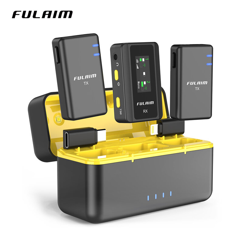 Fulaim-ワイヤレスラベリアマイクシステム,18時間バッテリー,DSLRカメラ/iPhone/Android/ライブ用充電ケース付き