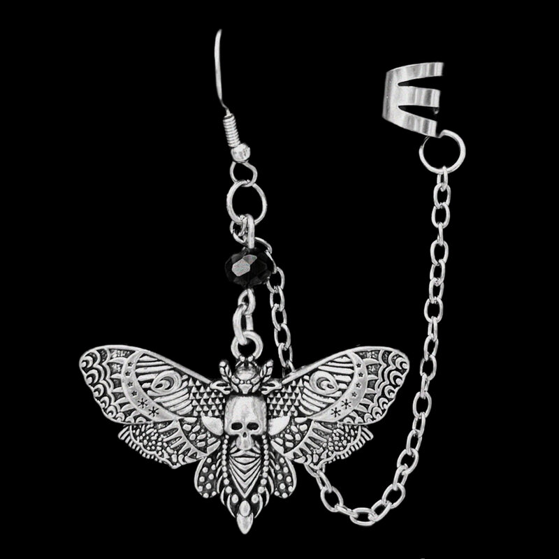 Death Head Moth Earrings, Goth Ear Cuff, Gothic Jewelry, Gothic Earrings, Punk earrings, Ear Cuff Chain Earrings,Silver Ear Cuff