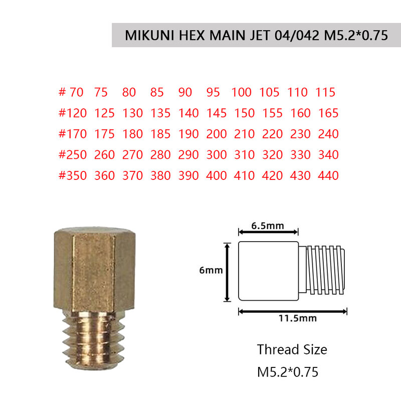 Inyectores para Scooter MIKUNI VM TM TMX 10 piezas, carburador con chorros principales 4/042, tamaño de boquilla 70-440, sintonizador de bolsillo, tipo gicleur hexagonal grande