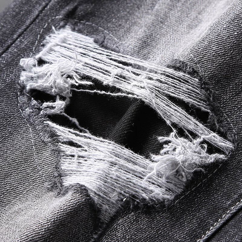Джинсы мужские рваные в стиле ретро, модные Эластичные зауженные брюки из денима с принтом, в стиле хип-хоп, Черные Серые