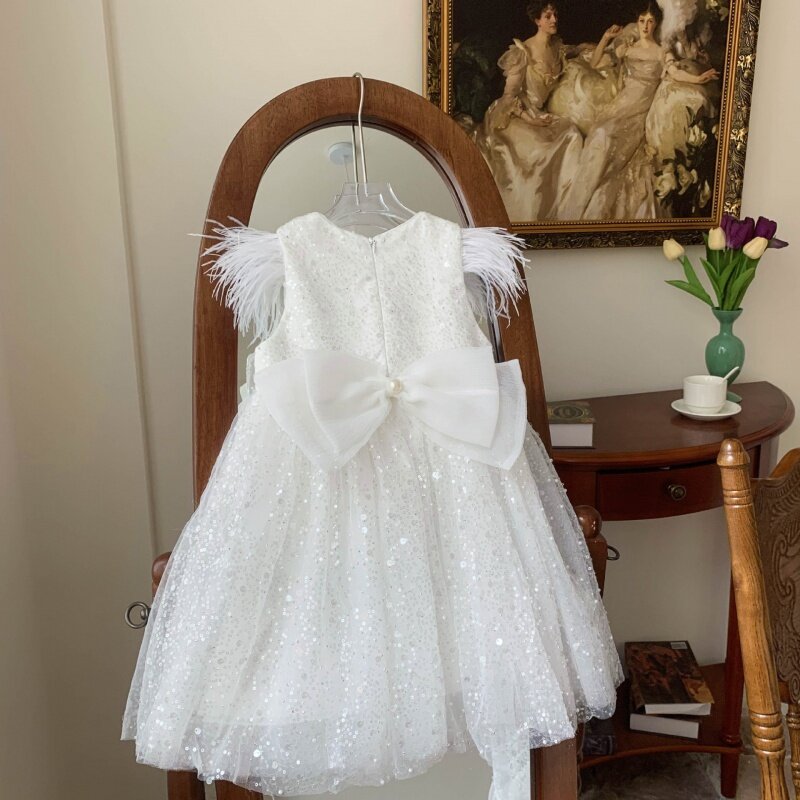 فستان أبيض مع قوس مزين بالترتر للفتيات ، بلا أكمام ، شبكة ، أميرة ، زهرة ، صيف جديد
