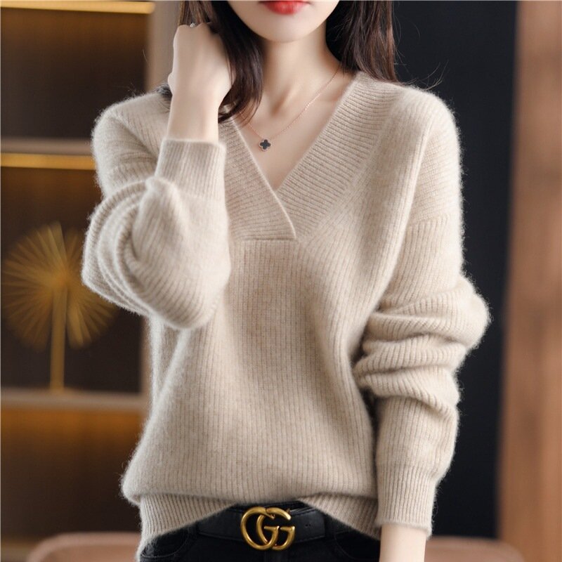 Джемпер женский, вязаный пуловер с длинным рукавом и V-образным вырезом, повседневный простой базовый джемпер, Осень-зима 2024