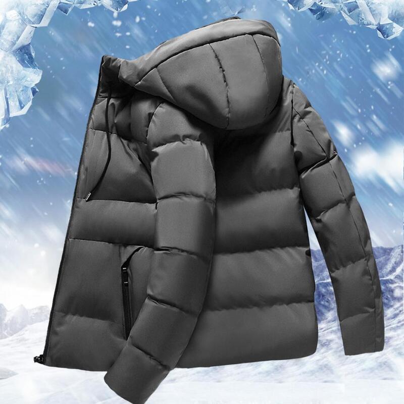 Jaqueta de algodão acolchoada com cordão masculino, manga longa, cor sólida, enchimento fofo, zíper, blusão com capuz, windproof, inverno