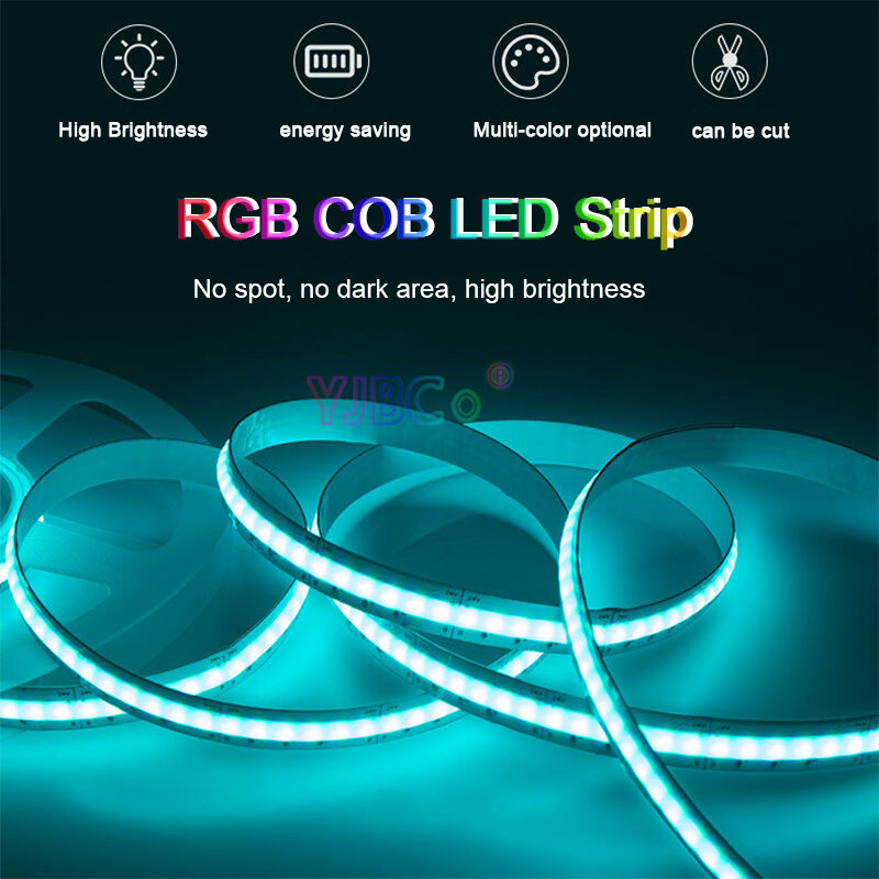 RGB COB LED Strip Lights, alto brilho, barra de luz colorida, fita flexível, FPCB branco, FPCB, 648LEDs por m, atmosfera, DC 24V, 5m