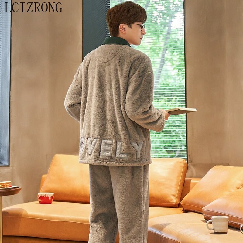 Terno de camisola longa espessada de luxo masculino, conjunto de calças e flanela, pijama quente para quarto masculino tamanho grande, 3XL, outono inverno