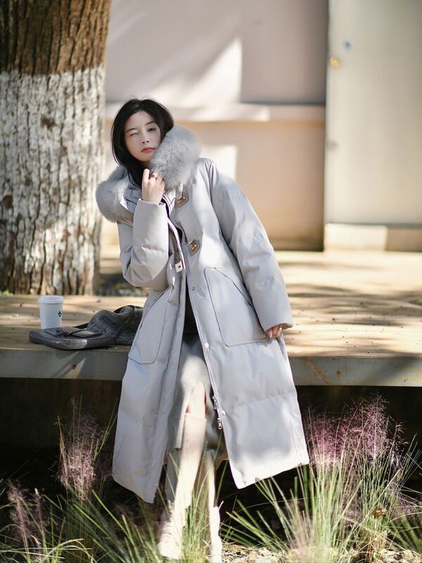 Jaqueta de couro para mulheres, comprimento médio, comprimento do joelho, gola de pele de raposa, linha única, casaco de inverno
