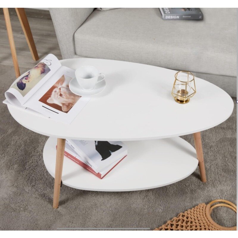 Tavolino da caffè-tavolo ovale in legno con scaffalature aperte per riporre e esporre divano a 2 livelli, soggiorno con piccoli mobili moderni