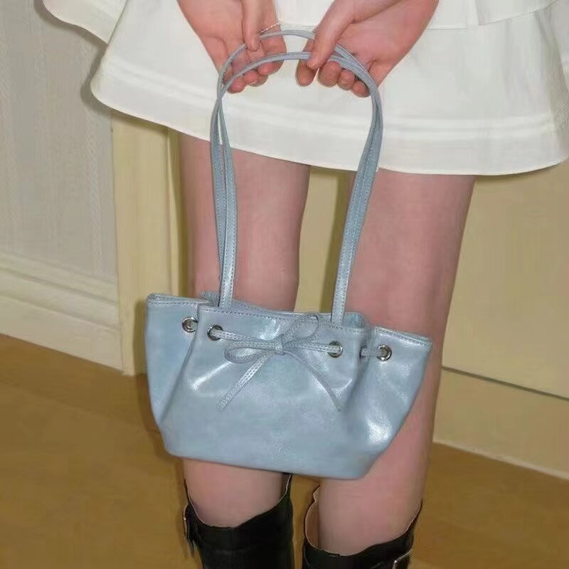 Summer New Pleated Single Shoulder Bag for Women Korean Trendy Soft Leather Small Bucket Bag Girl Casual Handbags