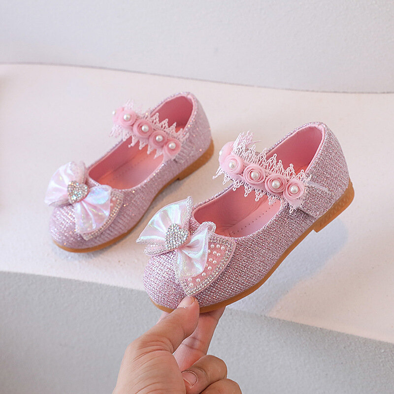 Sapato de couro com lantejoulas de pérola para meninas, princesa Mary Janes, sapato infantil, estilo coreano, primavera e outono, J163