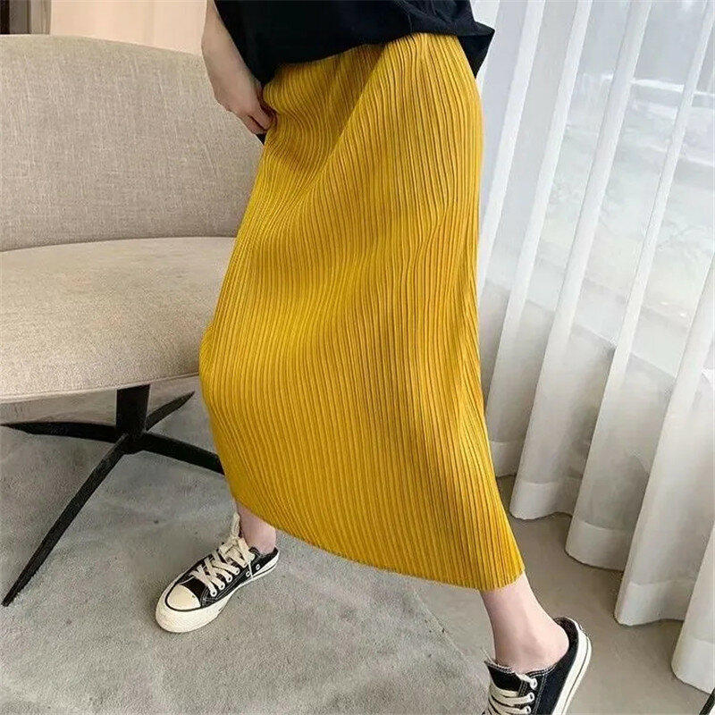 Miyake saia plissada 2023 verão nova moda saias de cintura alta das mulheres do sexo feminino sólido bezerro comprimento midi saia casual saias faldas
