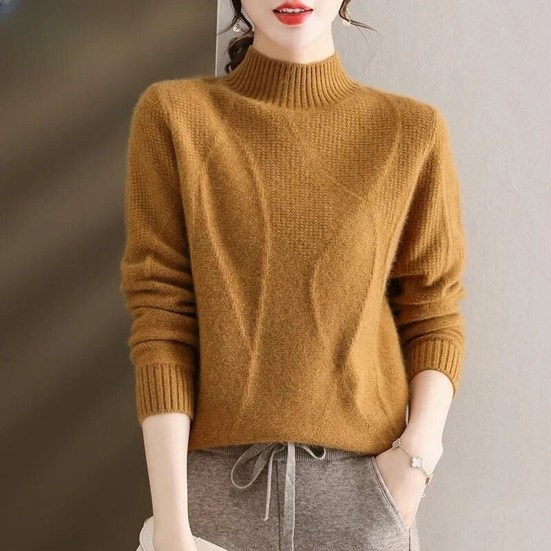 女性用長袖タートルネックセーター,ニットトップス,肌に密着したセーター,カジュアル,エレガント,秋冬