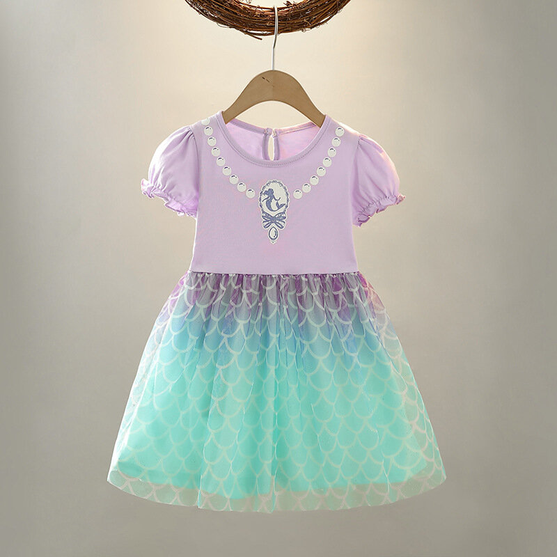 Robes d'été pour petites filles, vêtements Disney Ariel, princesse sirène, tenue de fête, à manches courtes, nouvelle collection 2024