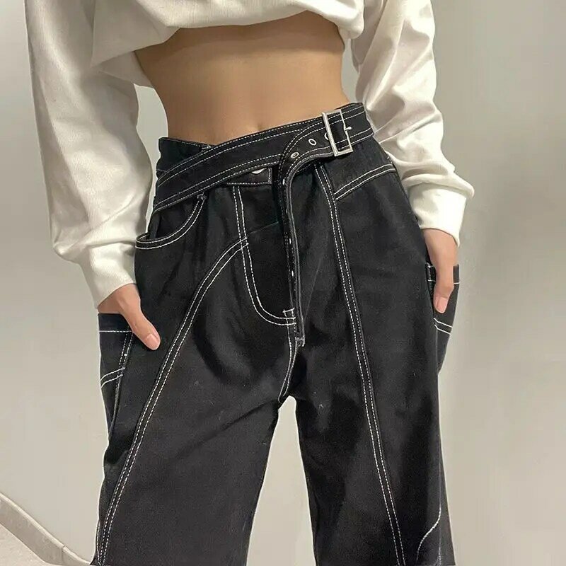 Harajuku Fashion Eyelet Waist Buckle High Waisted Jeans Women Personality Slim Casual Black Pants All Match Straight Trousers