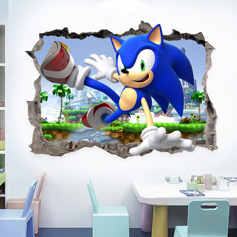 Stiker dinding Sonic 3d untuk kamar anak-anak, stiker decal Seni dinding superhero anime kartun berperekat untuk kamar anak