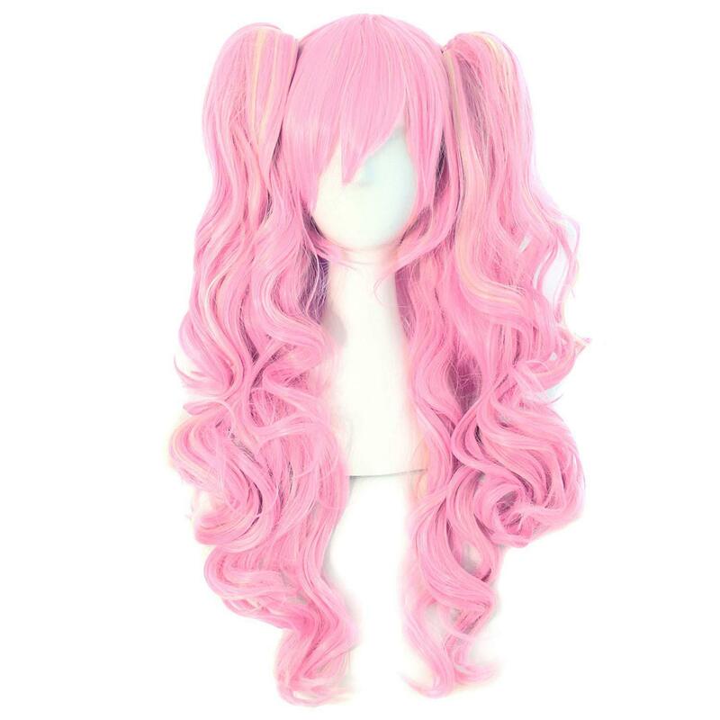 MapofBeauty wielokolorowa Lolita długie kręcone klipsy na syntetycznych kucyków peruka do cosplay (różowy/blond)