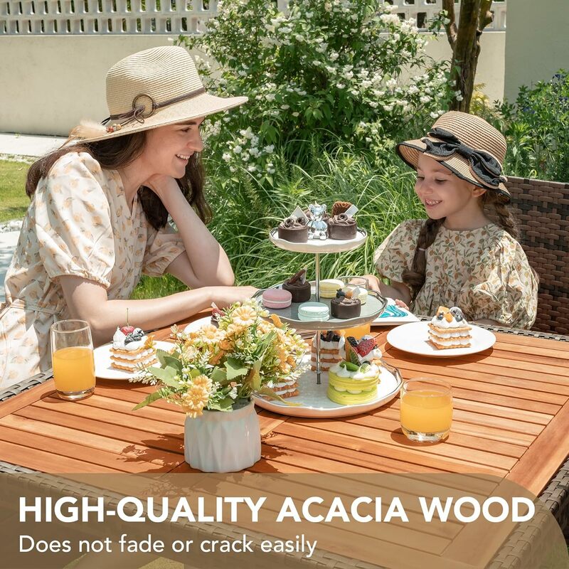 Conversa do pátio com Acacia Wood Top, Rattan mesa de jantar ao ar livre, cadeiras para quintal, jardim, deck