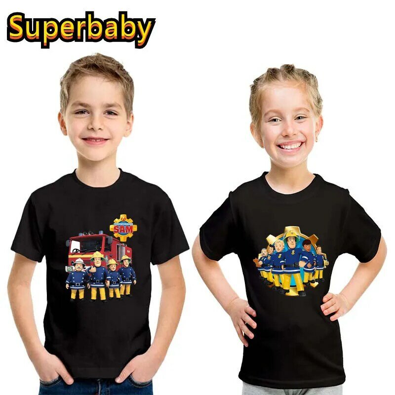 T-shirt imprimé pompier Sam pour enfants, vêtement d'été en coton à manches courtes pour garçons et filles