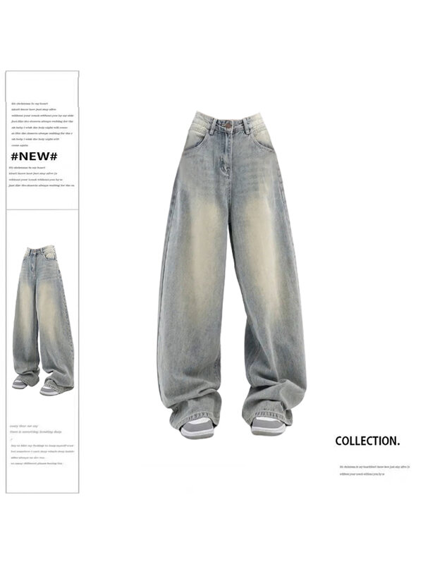 Women Vintage Baggy Blue Jeans High Waist Denim Trousers 2000s Y2k Harajuku Fashion 90s Aesthetic Wide Pants Trashy Clothes 2023