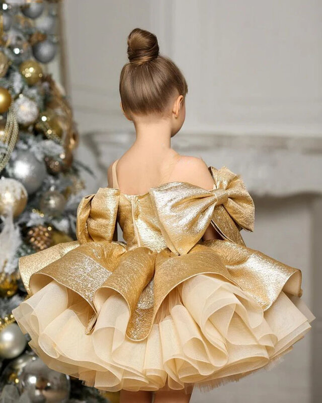 Gold Shiny Tulle Puffy Flower Girl Dress For Wedding Knee Length With Bow Girl Princess Birthday Party First Communion Ball Gown