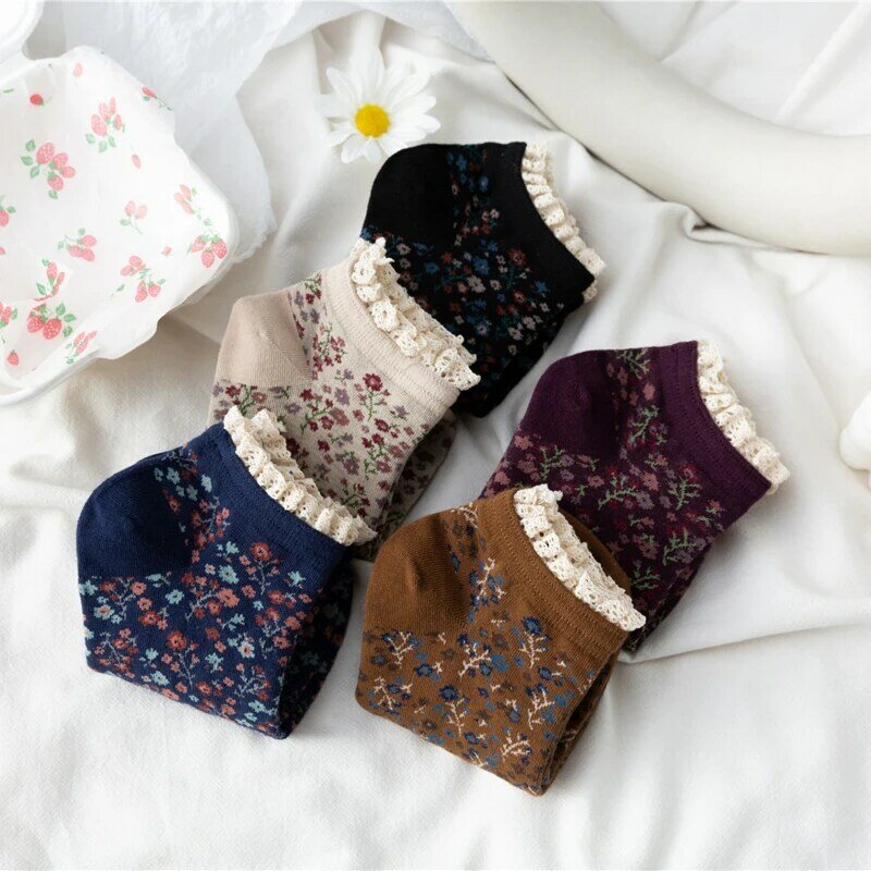 Новинка, японские кружевные носки-лодочки для девочек, женские носки в стиле ретро с цветочным принтом, корейские носки