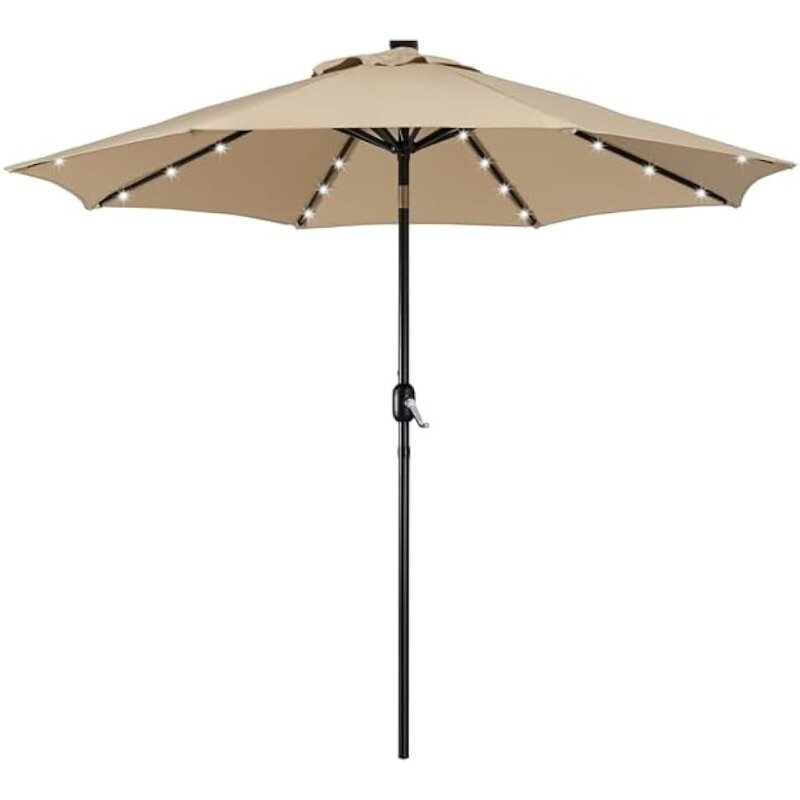 9ft solar betriebener Sonnenschirm-UV-Schutz Markt tisch Regenschirm mit 32 LED-Leuchten & Druckknopf Neigung & Kurbel lift System