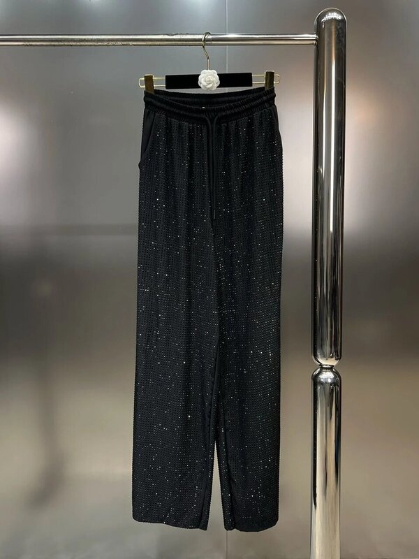 Новинка весны, блестящая Свободная блузка с отворотом и длинным рукавом, узкие прямые брюки с высокой талией, комплект из двух предметов, модная женская одежда