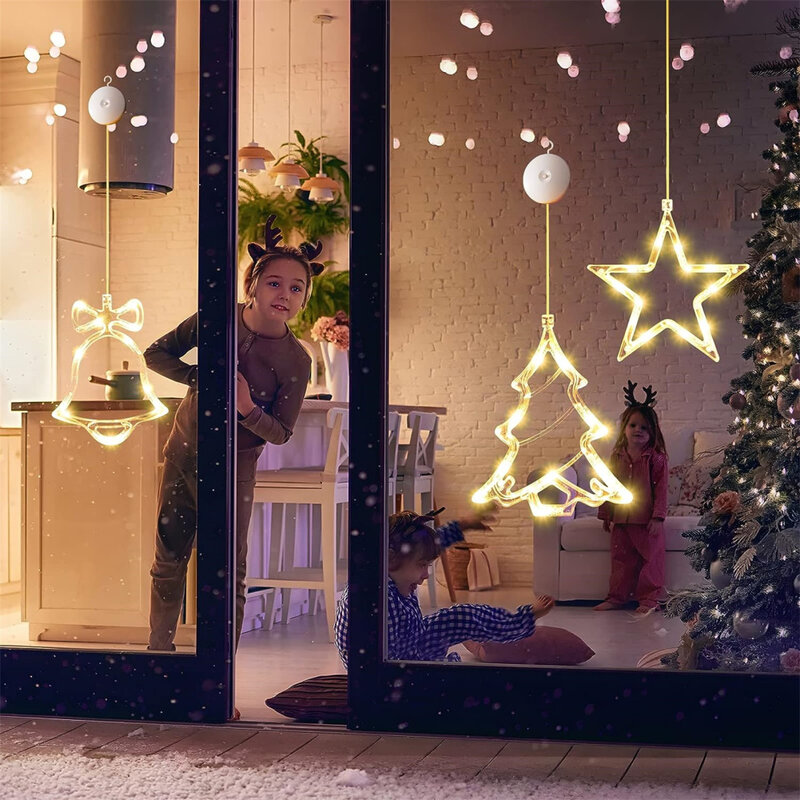 Natal Luzes da janela com ventosas, alimentado por pilhas, Tree Bell, Star Shaped LED, Otário Lâmpada, Dropship, 3pcs, 3600 K