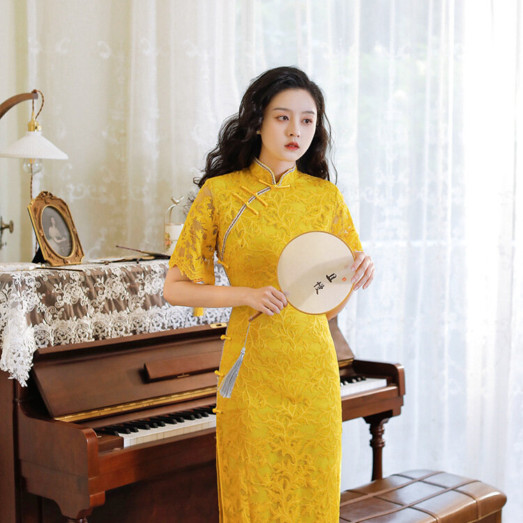 Yellow Short Sleeve Lace Edge Long Dress Cheongsam Lady Chinese Dresses Stand Collar Vintage Button Vestidos Elegant Qipao