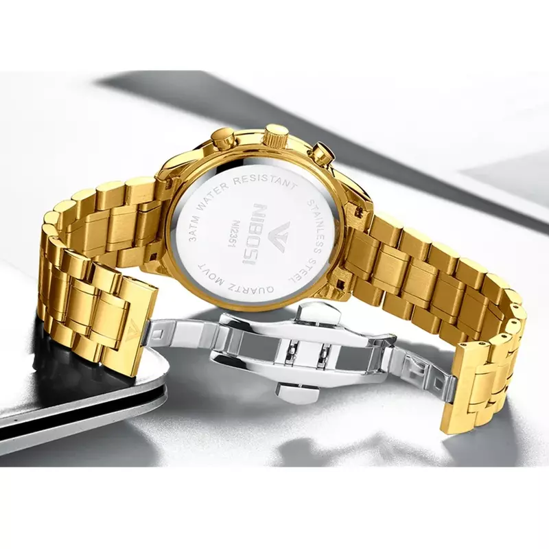 Nibosi relógio de pulso esportivo masculino, quartzo, aço inoxidável, impermeável, data luminosa, luxo, com caixa
