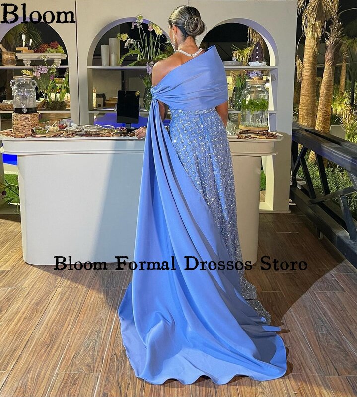 Bloom-Off Shoulder Tulle Prom Dresses, Glittery Sequins, A-line Satin, Vestidos de noite de luxo, Wedding Party Gown, Frete Grátis